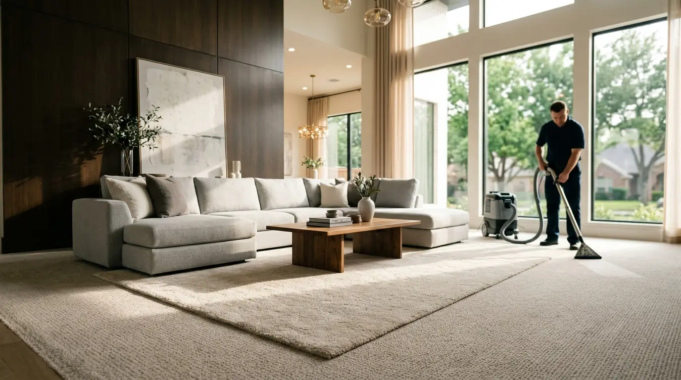 Freshly cleaned carpet in a bright, modern Houston living room