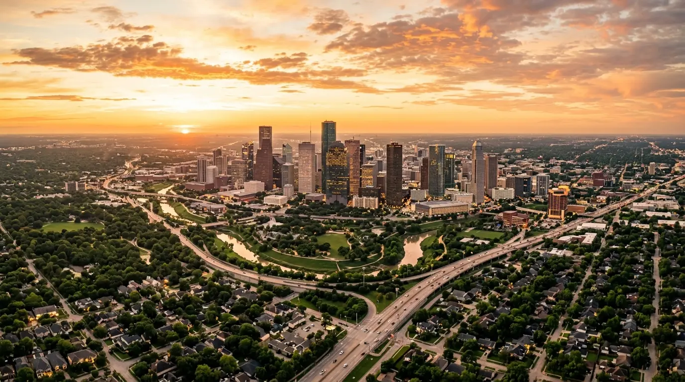 Aerial view of the Houston skyline at golden hour